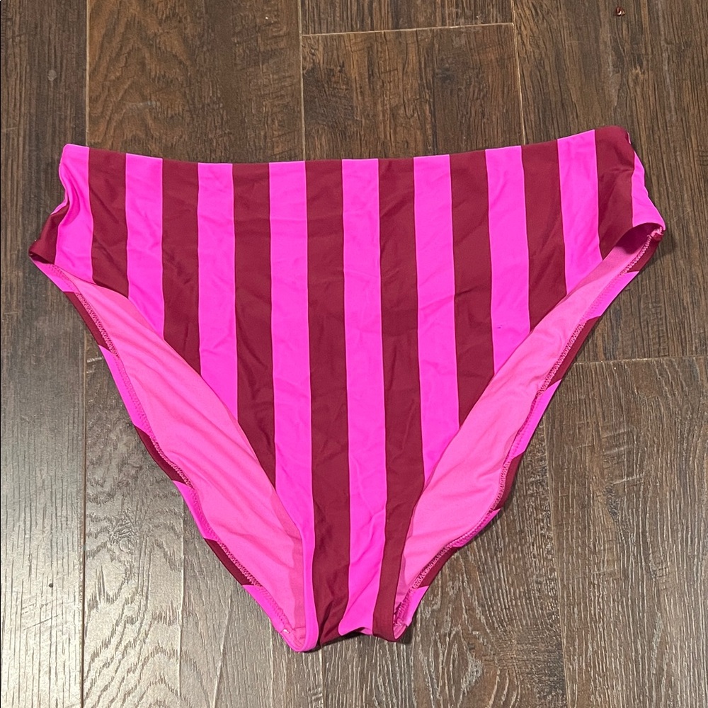 Shade & Shore Pink and Maroon Striped Reversible Bikini Bottom